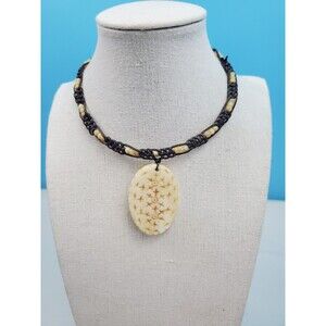 ATC Signed Boho Cord Choker Necklace Carved Oval Medallion Inlaid Star